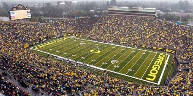Sept. 18, 2010: This file photo shows spectators in the University of Oregon's Autzen Stadium during the second half of an NCAA college football game between Oregon and Portland State in Eugene, Ore.