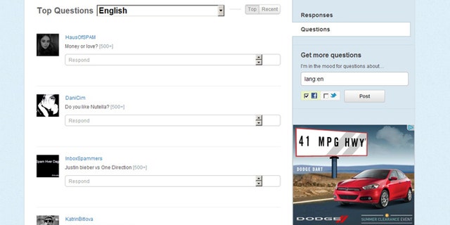 A screen shot of social networking site Formspring, which pioneered the "Ask Me Anything" format of question and answers.