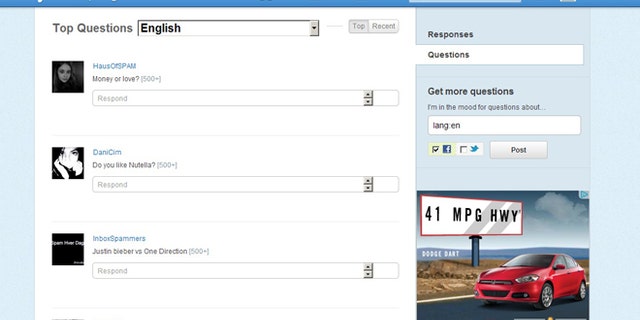 A screen shot of social networking site Formspring, which pioneered the "Ask Me Anything" format of question and answers.