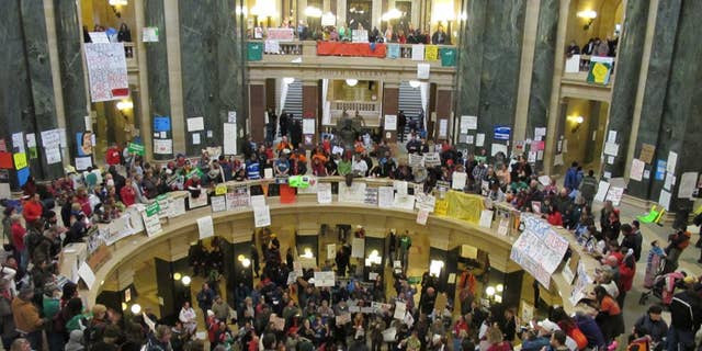 Protests inside the Wisconsin State Capitol in Madison.  (Fox News Photo)