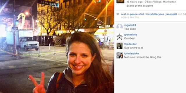 Christina Freundlich poses near East Village explosion site, via Instagram.