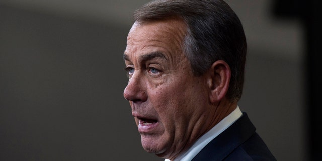 House Speaker John Boehner of Ohio speaks during a news conference on Capitol Hill in Washington, Thursday, Feb. 12, 2015. Boehner refused to rule out a potential shutdown at the Department of Homeland Security because of a congressional impasse over funding. (AP Photo/Molly Riley)