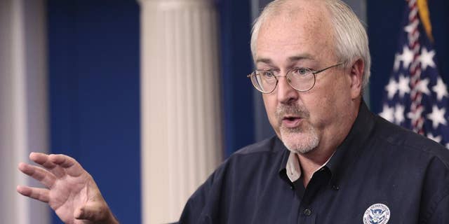 FEMA Administrator Craig Fugate gestures during the daily news briefing at the White House in Washington, Monday, Aug., 29, 2011. (AP Photo/Pablo Martinez Monsivais)