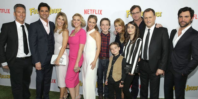 Exec. Producer Jeff Franklin, John Stamos, Lori Loughlin, Jodie Sweetin, Andrea Barber, Michael Campion, Candace Cameron Bure, Elias Harger, Soni Bringas, Bob Saget, Dave Coulier and Juan Pablo Di Pace seen at Netflix Premiere of "Fuller House" at The Grove on February 16, 2016, in Los Angeles, CA. (Photo by Eric Charbonneau/Invision for Netflix/AP Images)
