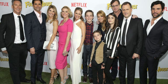 Exec. Producer Jeff Franklin, John Stamos, Lori Loughlin, Jodie Sweetin, Andrea Barber, Michael Campion, Candace Cameron Bure, Elias Harger, Soni Bringas, Bob Saget, Dave Coulier and Juan Pablo Di Pace seen at Netflix Premiere of "Fuller House" at The Grove on February 16, 2016, in Los Angeles, CA. (Photo by Eric Charbonneau/Invision for Netflix/AP Images)