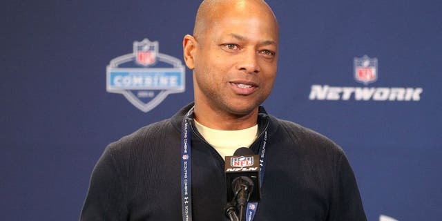 Feb 22, 2014; Indianapolis, IN, USA; New York Giants general manager Jerry Reese speaks at the NFL Combine at Lucas Oil Stadium. Mandatory Credit: Pat Lovell-USA TODAY Sports