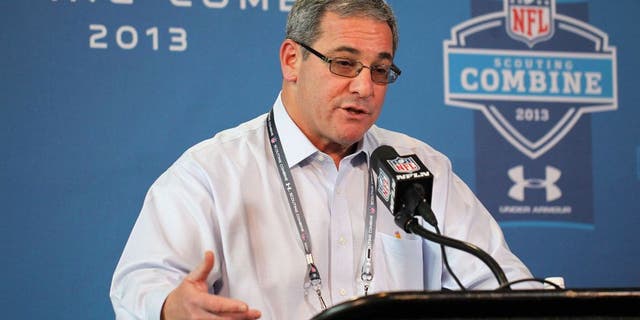 Feb 21, 2013; Indianapolis, IN, USA; Carolina Panthers general manager Dave Gettleman speaks at a press conference during the 2013 NFL Combine at Lucas Oil Stadium. Mandatory Credit: Brian Spurlock-USA TODAY Sports