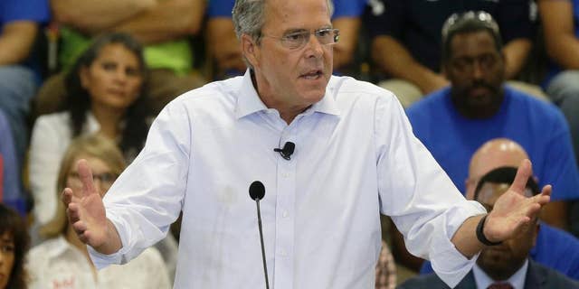 In this photo taken Sept. 9, 2015, Republican presidential candidate, former Florida Gov. Jeb Bush speaks in Garner, N.C. To some Republican presidential candidates, it’s better to be with the popular pope than against him. (AP Photo/Gerry Broome)