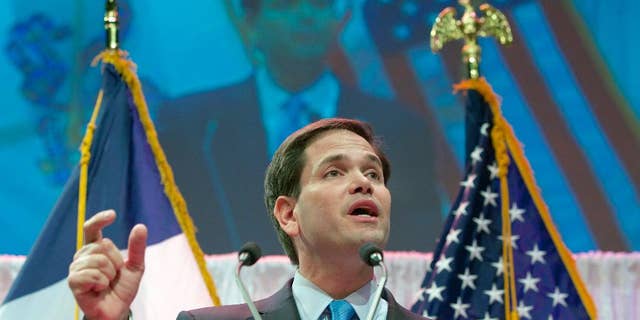 Republican presidential hopeful Sen. Marco Rubio, R-Fla. speaks at the Iowa Faith & Freedom 15th Annual Spring Kick Off, in Waukee, Iowa, Saturday, April 25, 2015. (AP Photo/Nati Harnik)