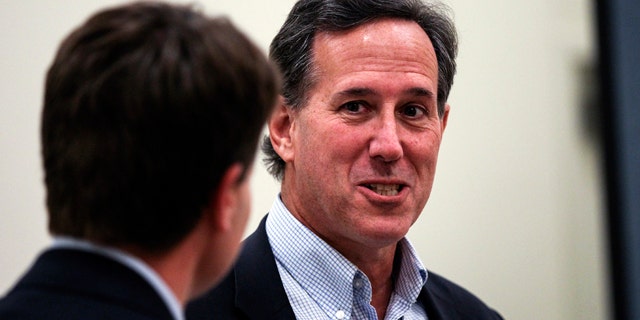 Oct. 3, 2015: Republican presidential candidate former Sen. Rick Santorum, R-Pa., prepares to speak during the Practical Federalism Forum hosted by American Principles Project held at Southern New Hampshire University in Hooksett, N.H. (AP Photo/Cheryl Senter)