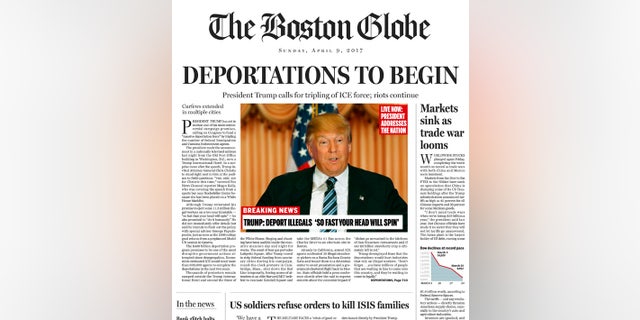 A portion of a satirical front page of The Boston Globe published on Saturday, April 9, 2016.
