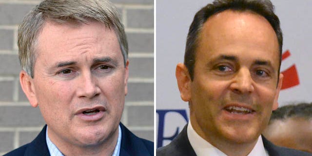 May 19, 2015: These photos show Kentucky Republican gubernatorial candidate James Comer, left, and Matt Bevin, who are locked in a tight race to decide who will represent the Republican party in November's election against Democratic nominee Jack Conway.(AP Photo/Timothy D. Easley)