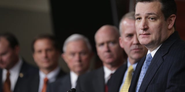 WASHINGTON, DC - FEBRUARY 12: Sen. Ted Cruz (R-TX) speaks during news conference where a bicameral group of Congressional Republicans called for Senate Democrats to vote on funding for the Department of Homeland Security February 12, 2015 in Washington, DC. Funding for the department as been tied up with legislation that would roll back President Barack Obama's executive order on immigratoin. (Photo by Chip Somodevilla/Getty Images)