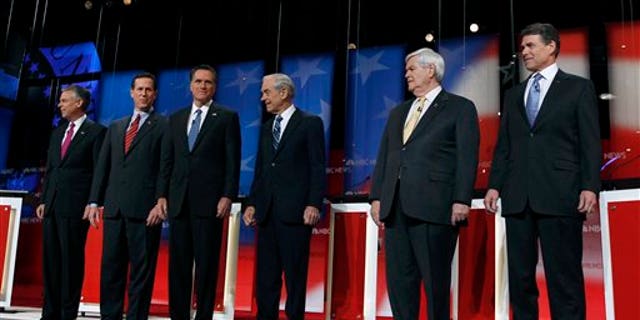 jan. 8, 2012: Jon Huntsman, Rick Santorum, Mitt Romney, Ron Paul, Newt Gingrich and Rick Perry are introduced at a Republican prsidential candidate debate in Concord, N.H.