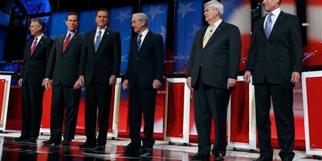 jan. 8, 2012: Jon Huntsman, Rick Santorum, Mitt Romney, Ron Paul, Newt Gingrich and Rick Perry are introduced at a Republican prsidential candidate debate in Concord, N.H.