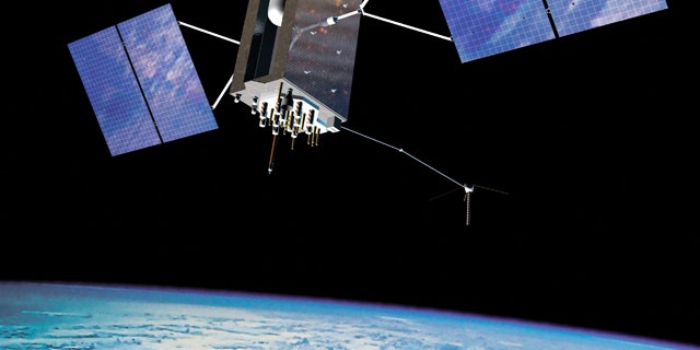 An illustration of a GPS satellite, silenting orbiting the Earth.