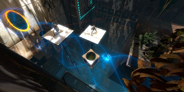 A scene is shown from the teleporting puzzle game "Portal 2." Games that bend the rules of space and time were among the topics discussed at the Game Developers Conference Next at the Los Angeles Convention Center on Nov. 5-7, 2013.