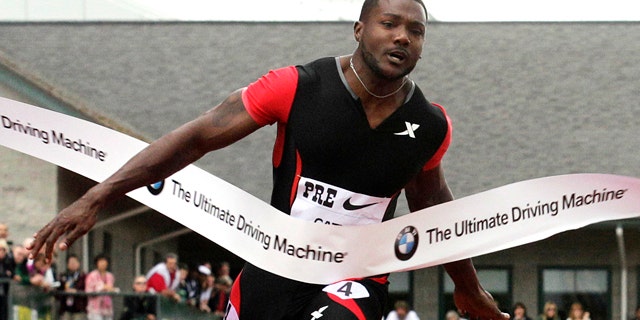 June 2, 2012: United States Justin Gatlin winning the 100-meter event at the Prefontaine Classic athletics meet in Eugene, Ore.
