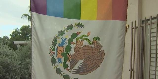 Non Latino Family Displaying Mexican Gay Pride Flag Offered One Way   Gay Pride Mexican Flag 