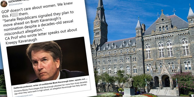 An associate professor at Georgetown University invoked profanity in a Twitter rant targeting Brett Kavanaugh and the Republican Party.