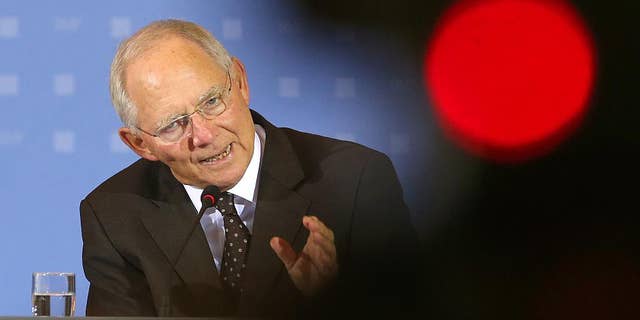 German Finance Minister Wolfgang Schaeuble speaks during a news conference in Berlin, on Thursday May 7,2015. (Wolfgang Kumm/dpa via AP)