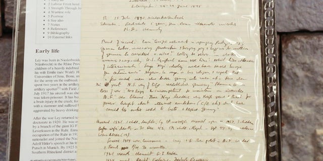 Jan. 22, 2014: A handwritten notice by Isaac Stone, who headed the Berlin Document Center and the U.S. Foreign Service Office in the 1940s, of the interrogation of Nazi leader Robert Ley, is on display at the Jewish Educational Center in Berlin.
