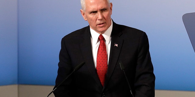 United States Vice President Mike Pence speaks during the Munich Security Conference in Munich, Germany, Saturday, Feb. 18, 2017. The annual weekend gathering is known for providing an open and informal platform to meet in close quarters. (AP Photo/Matthias Schrader)