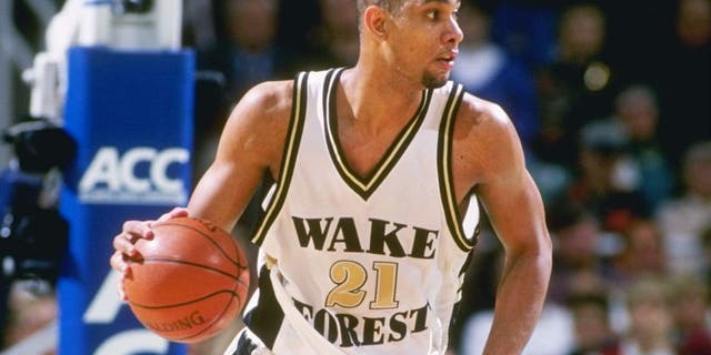 7 Mar 1997: Center Tim Duncan of the Wake Forest Demon Deacons dribbles the court during a playoff game against the Florida State Seminoles at the Greensboro Coliseum in Greensboro, North Carolina. Wake Forest won the game 66-65. Mandatory Credit: Doug