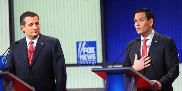 DES MOINES, IA - JANUARY 28:  Republican presidential candidates (R-L) Sen. Marco Rubio (R-FL) and Sen. Ted Cruz (R-TX) participate in the Fox News - Google GOP Debate January 28, 2016 at the Iowa Events Center in Des Moines, Iowa. Residents of Iowa will vote for the Republican nominee at the caucuses on February 1. Donald Trump, who is leading most polls in the state, decided not to participate in the debate.  (Photo by Scott Olson/Getty Images)