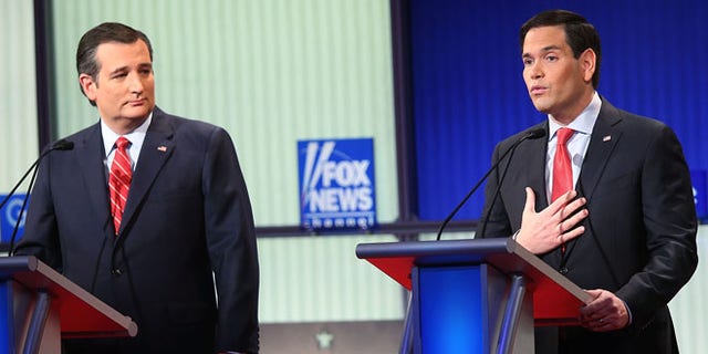 DES MOINES, IA - JANUARY 28: Republican presidential candidates (R-L) Sen. Marco Rubio (R-FL) and Sen. Ted Cruz (R-TX) participate in the Fox News - Google GOP Debate January 28, 2016 at the Iowa Events Center in Des Moines, Iowa. Residents of Iowa will vote for the Republican nominee at the caucuses on February 1. Donald Trump, who is leading most polls in the state, decided not to participate in the debate. (Photo by Scott Olson/Getty Images)