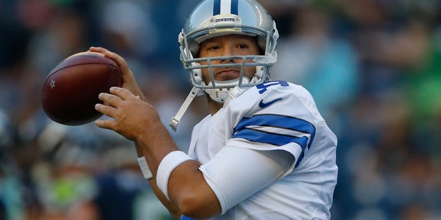 SEATTLE, WA - AUGUST 25: Quarterback Tony Romo #9 of the Dallas Cowboys warms up prior to the preseason game against the Seattle Seahawks at CenturyLink Field on August 25, 2016 in Seattle, Washington. (Photo by Otto Greule Jr/Getty Images)