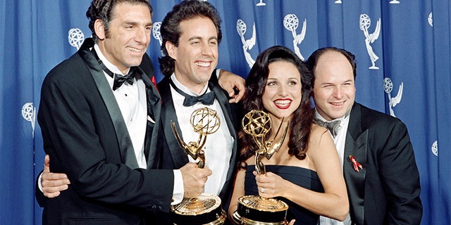 The cast of the Emmy-winning ‘Seinfeld’ show pose with the Emmys they won. From left to right: Michael Richards, Jerry Seinfeld, Julia Louis-Dreyfus and Jason Alexander.