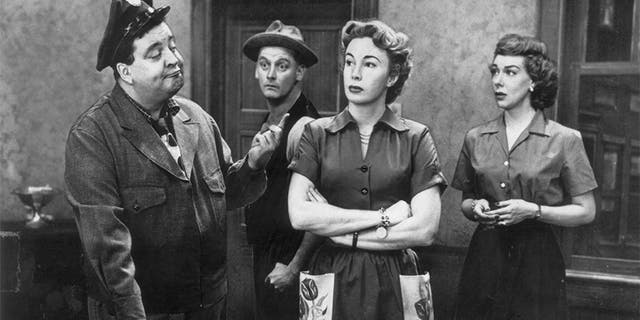 Cast of the television series "The Honeymooners": Jackie Gleason, Art Carney, Audrey Meadows and Joyce Randolph.