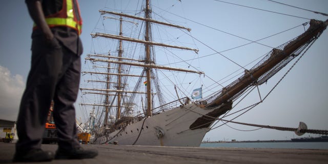 Dec. 14, 2012: Argentina's three-masted navy training tall ship ARA Libertad, which was seized on Oct. 2 as collateral for unpaid bonds dating from Argentina's economic crisis a decade ago, sits docked at the port in Tema, outside Accra, in Ghana.