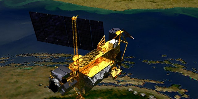 An artist's concept of the Upper Atmosphere Research Satellite (UARS) satellite in space. The 6 1/2-ton satellite was deployed from space shuttle Discovery in 1991 and decommissioned in December 2005.