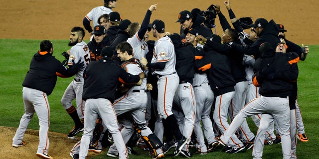 Oct. 28, 2012: San Francisco Giants celebrate after winning Game 4 of baseball's World Series against the Detroit Tigers.