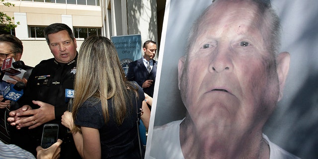 Sacramento County Sheriff Scott Jones, left, talks to reporters on Wednesday about the arrest of Joseph James DeAngelo, seen in photo, on suspicion of committing a string of violent crimes in the 1970s and 1980s after a news conference.