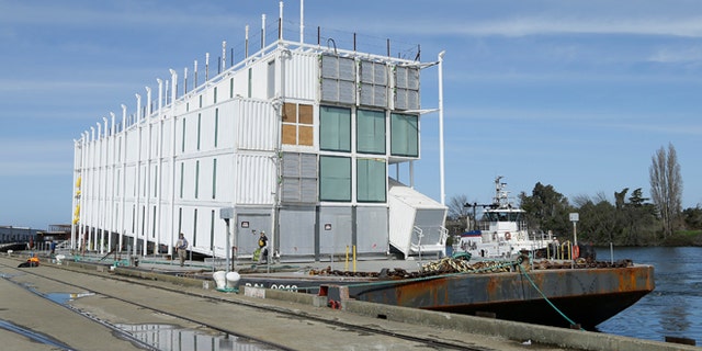 March 6, 2014: The Google barge is seen moored at the Port of Stockton in California.