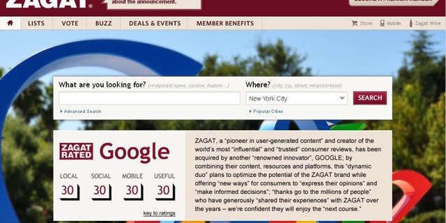 The front page of restaurant review service rates Google a "30," when the search engine giant announced it would buy the company.