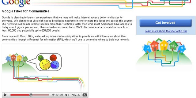 A screen capture of Google's Fiber for Communities Web site, where the company hopes to select areas for its new network.