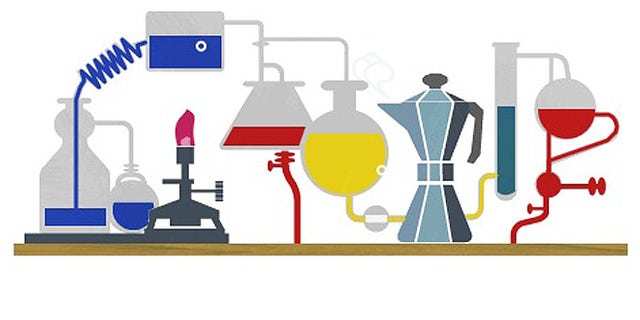 A Google doodle transforms the familiar logo into a science lab replete with beakers, vials ... and a steaming coffee pot.