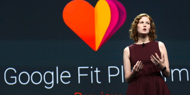 Ellie Powers, Product Manager for Google Play, announces the new Google Fit development platform during the Google I/O developers conference June 25, 2014.