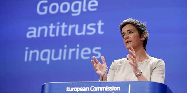 European Competition Commissioner Margrethe Vestager addresses a news conference at the EU Commission headquarters in Brussels April 15, 2015.