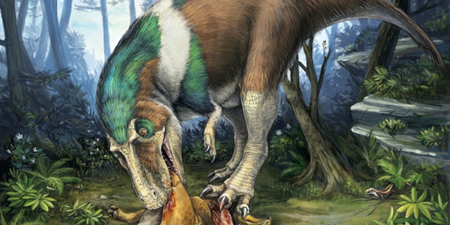 An illustration of a <i>Gorgosaurus</i> using its serrated teeth to rip apart its meal, a young <i>Corythosaurus</i> in Alberta, 75 million years ago.