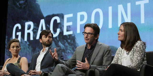 (L-R) Actors Virginia Kull and David Tennant, and executive producers Dan Futterman and Carolyn Bernstein of the series "Gracepoint" attend the 2014 TCA Summer Press Tour at the Beverly Hilton hotel in Beverly Hills, California, July 20, 2014.