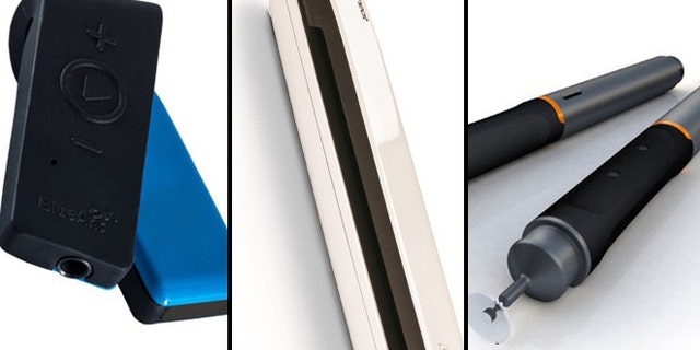 The Blue Ant Ribbon (left), NeatReceipts scanner (center) and HEX3 JaJa Stylus (right) -- great holiday gifts for the gadget lover.