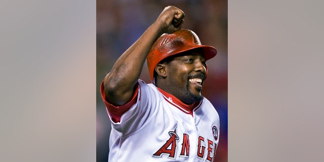 FILE - In this Aug. 10, 2009, file photo, Los Angeles Angels' Vladimir Guerrero celebrates hitting his 400th career home run in the seventh inning of a baseball game against the Tampa Bay Rays,  in Anaheim, Calif. Steroids-tainted stars Manny Ramirez and Ivan Rodriguez are on baseball's Hall of Fame ballot for the first time along with Vladimir Guerrero. (AP Photo/Mark Avery, File)