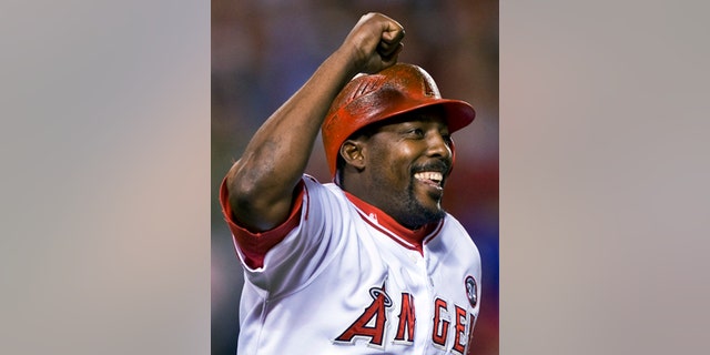 FILE - In this Aug. 10, 2009, file photo, Los Angeles Angels' Vladimir Guerrero celebrates hitting his 400th career home run in the seventh inning of a baseball game against the Tampa Bay Rays, in Anaheim, Calif. Steroids-tainted stars Manny Ramirez and Ivan Rodriguez are on baseball's Hall of Fame ballot for the first time along with Vladimir Guerrero. (AP Photo/Mark Avery, File)