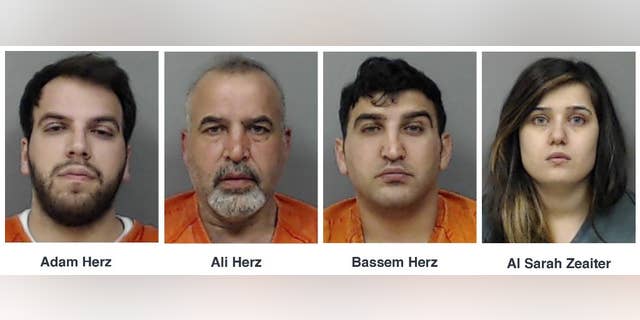 This combo of booking photos released by Linn County Sheriff's Office in Cedar Rapids. Iowa, shows four relatives, from left, Adam Herz, Ali Herz, Bassem Herz and Al Sarah Zeaiter, who are charged in Iowa on Tuesday, May 12, 2015, with conspiring to smuggle guns and ammunition to Lebanon that were hidden with equipment exports and supplies for Syrian refugees. Federal agents intercepted cargo containers in March and again last week that were bound for Beirut carrying a total of 152 firearms and 16,000 rounds of ammunition, according to a criminal complaint. The complaint says the four came under suspicion as they stockpiled more than $100,000 worth of guns and ammunition legally purchased from dealers in eastern Iowa over the last 17 months. (Linn County Sheriff's Office via AP)