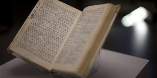 A copy of the "Complete Works of Shakespeare" is displayed during the press view of the "Shakespeare: staging the world" exhibition at the British Museum in London, Wednesday, July 18, 2012.